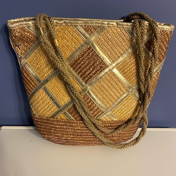 WAVES wicker Straw summer beach tote shoulder bag beige - Picture 1 of 9